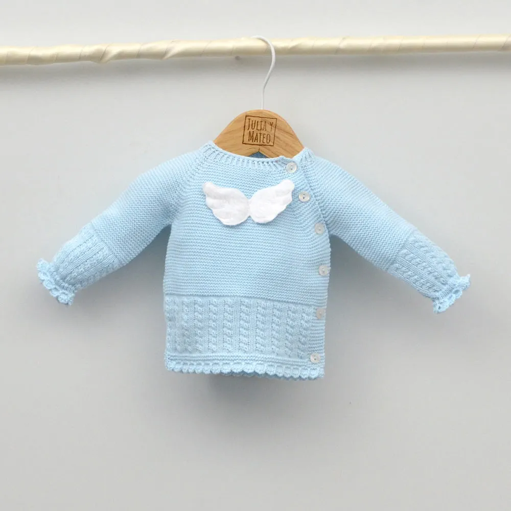 Conjunto bebés punto ngel con jersey, polaina y gorrito con pompón