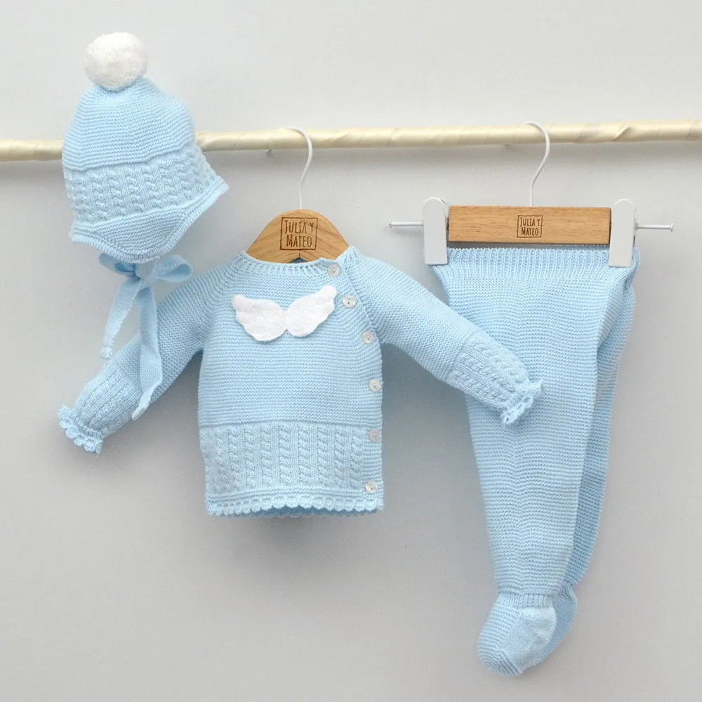 Conjunto bebés punto ngel con jersey, polaina y gorrito con pompón