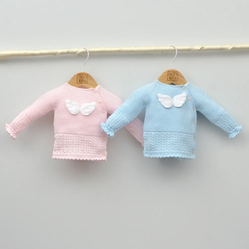 Conjunto bebés punto ngel con jersey, polaina y gorrito con pompón