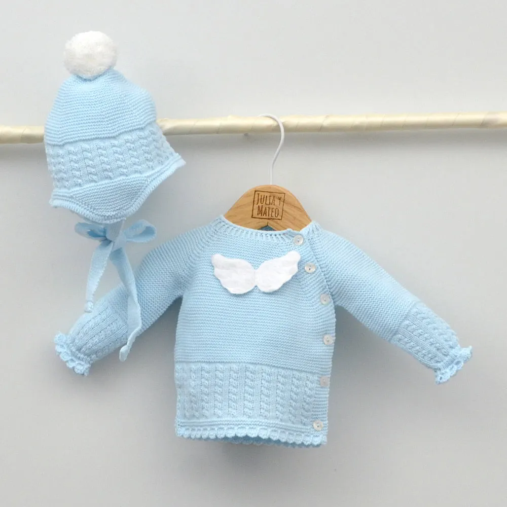 Conjunto bebés punto ngel con jersey, polaina y gorrito con pompón