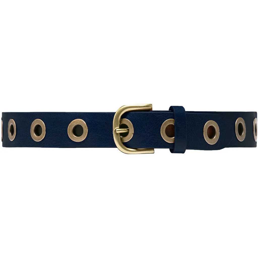 Cool jeans leather belt decorated with large eyelets / 13702 -  Dark blue