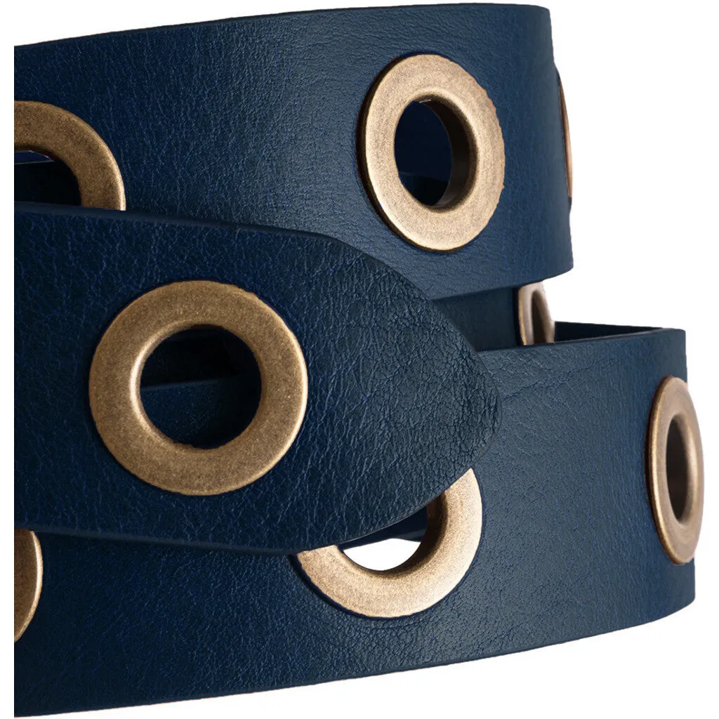 Cool jeans leather belt decorated with large eyelets / 13702 -  Dark blue