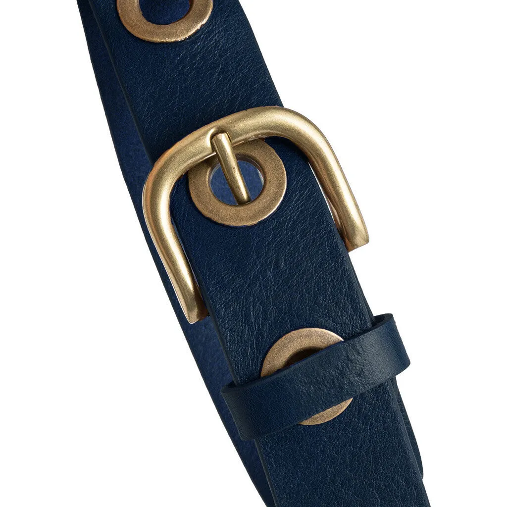 Cool jeans leather belt decorated with large eyelets / 13702 -  Dark blue