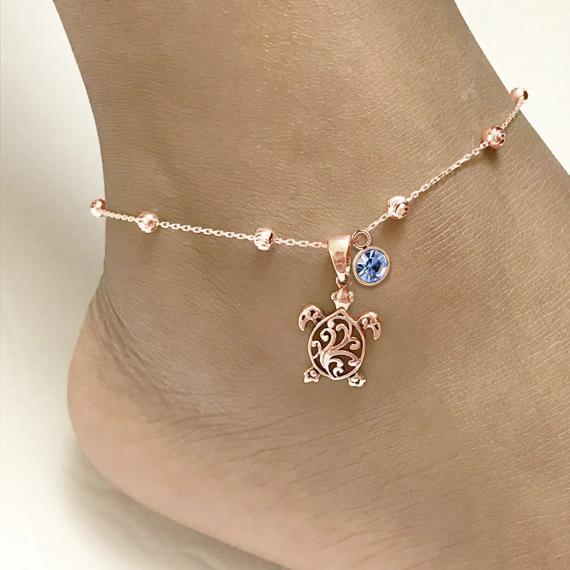 Filigree Turtle Anklet /Bracelet Sterling Silver Beaded Sea Turtle Charm Anklet/Bracelet Optional Birthstone