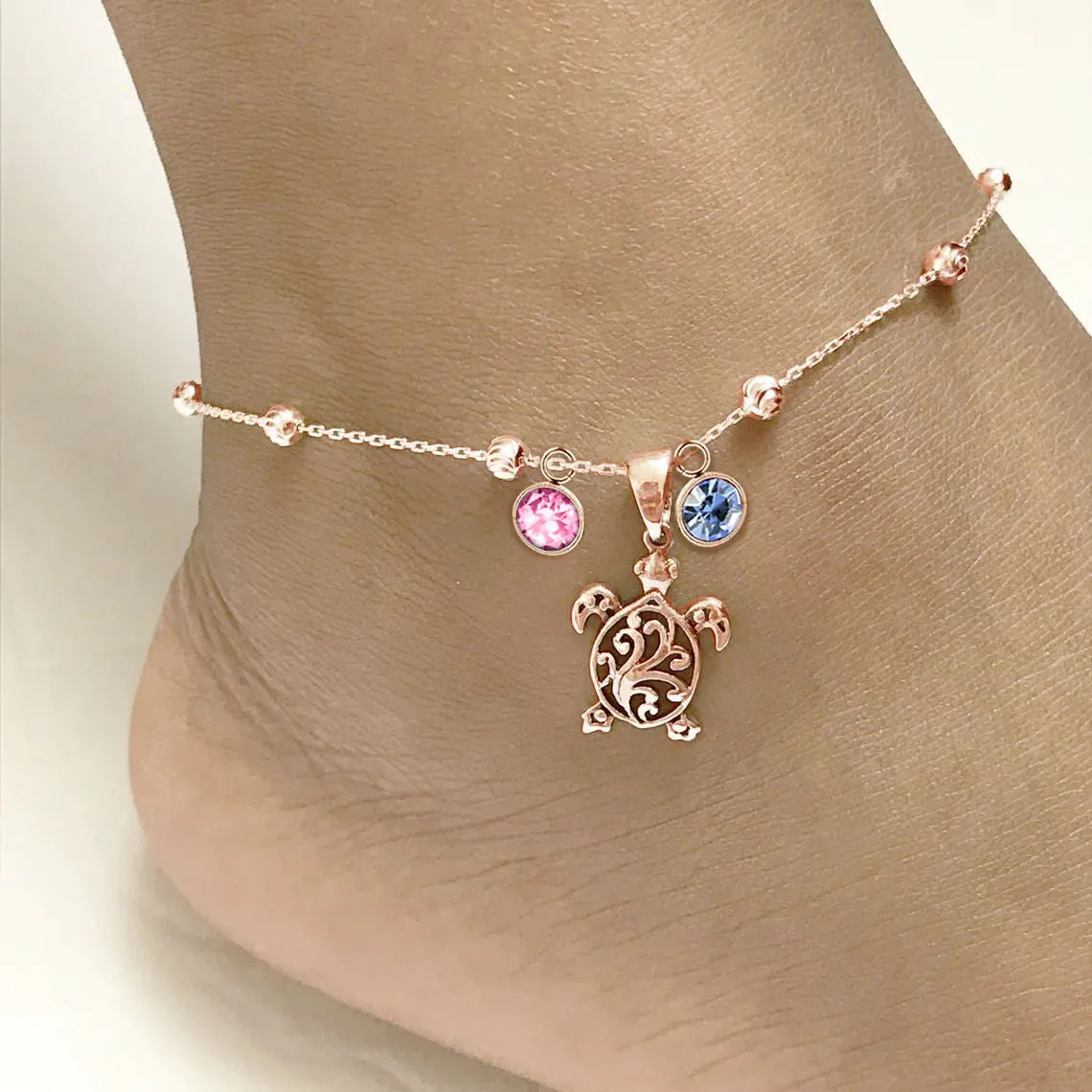 Filigree Turtle Anklet /Bracelet Sterling Silver Beaded Sea Turtle Charm Anklet/Bracelet Optional Birthstone