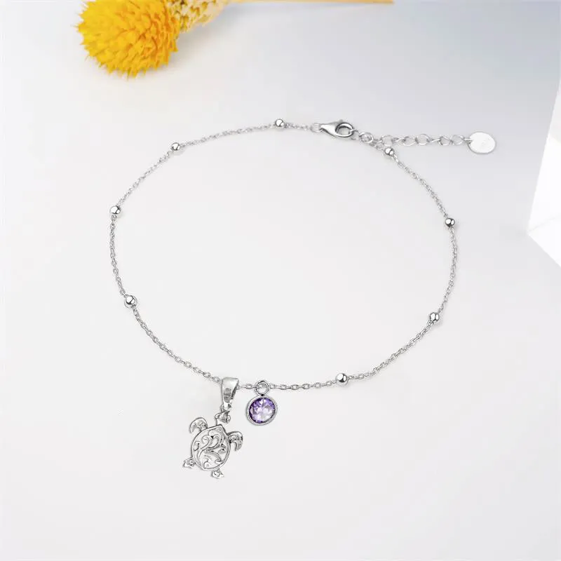 Filigree Turtle Anklet /Bracelet Sterling Silver Beaded Sea Turtle Charm Anklet/Bracelet Optional Birthstone