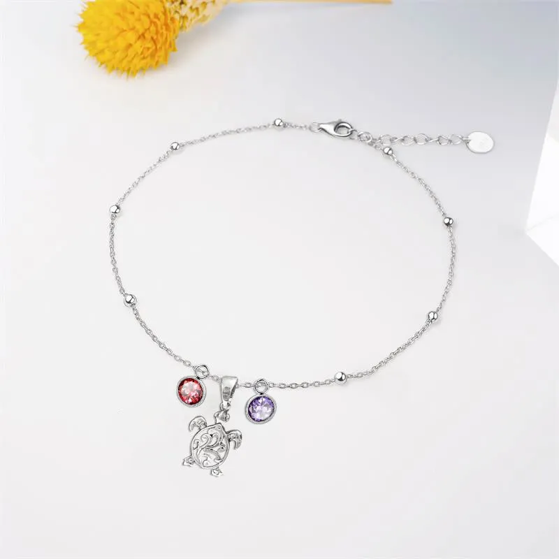 Filigree Turtle Anklet /Bracelet Sterling Silver Beaded Sea Turtle Charm Anklet/Bracelet Optional Birthstone