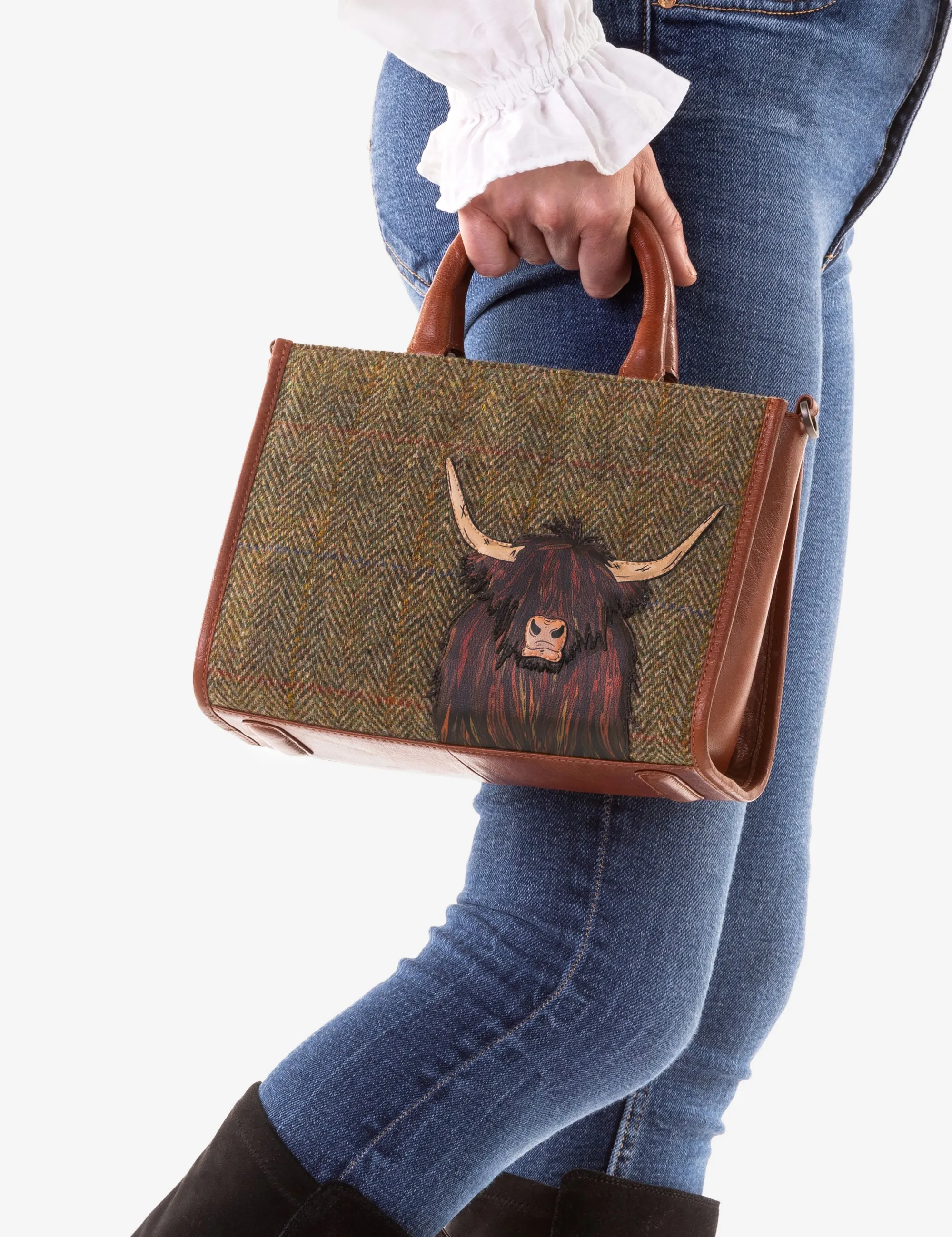 Highland Cow Harris Tweed & Brown Leather Multiway Grab Bag