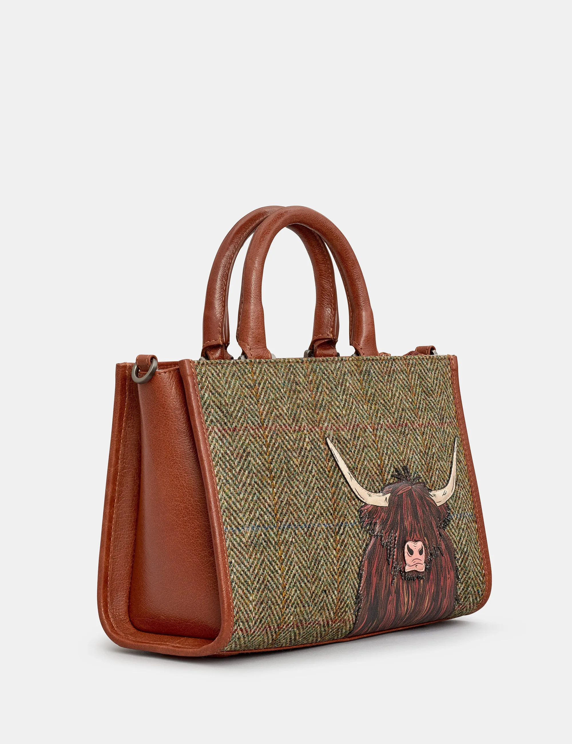 Highland Cow Harris Tweed & Brown Leather Multiway Grab Bag