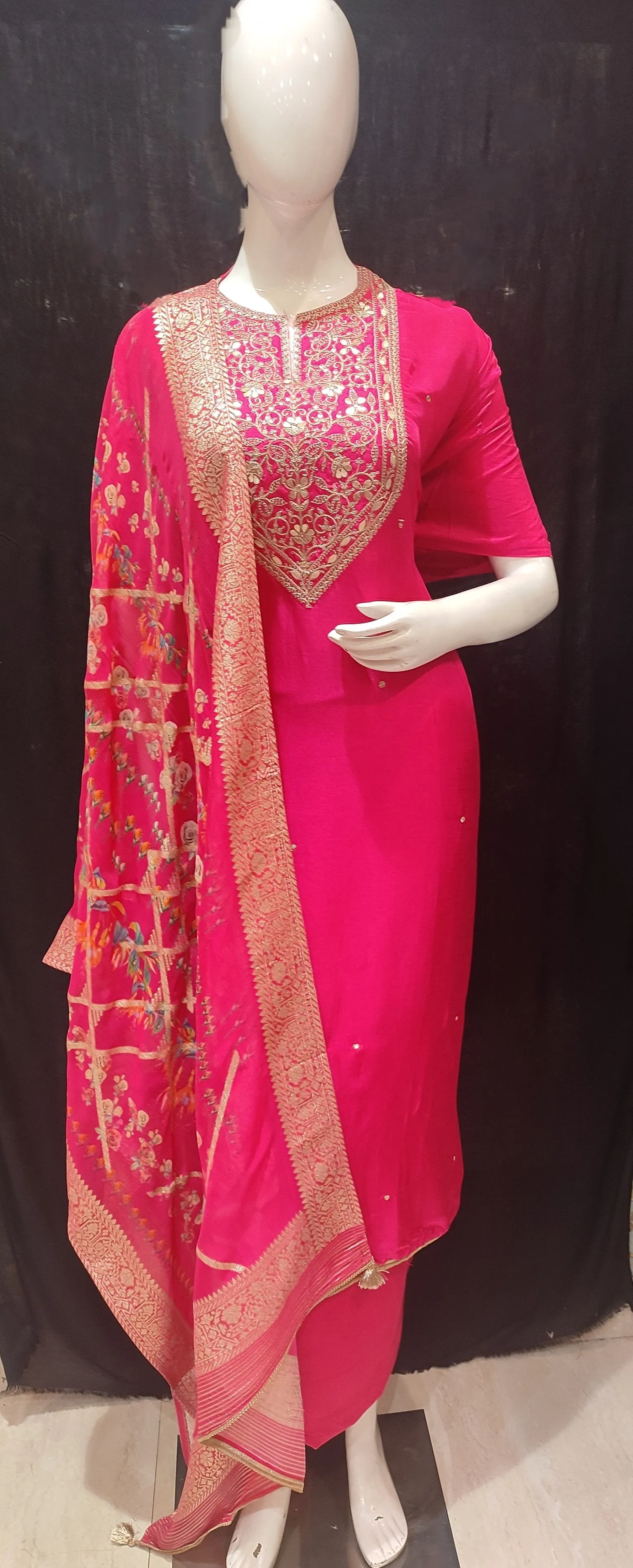 Magenda Silk Semi-Stitch Suit With Gotapatti Zari Work