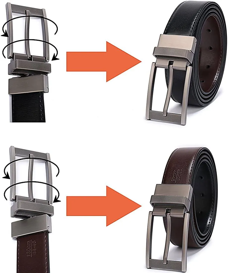 MRoyale™ Men's Reversible Leather Belt | 1.25” Waist Strap Silver Buckle | 2-in-1 Design