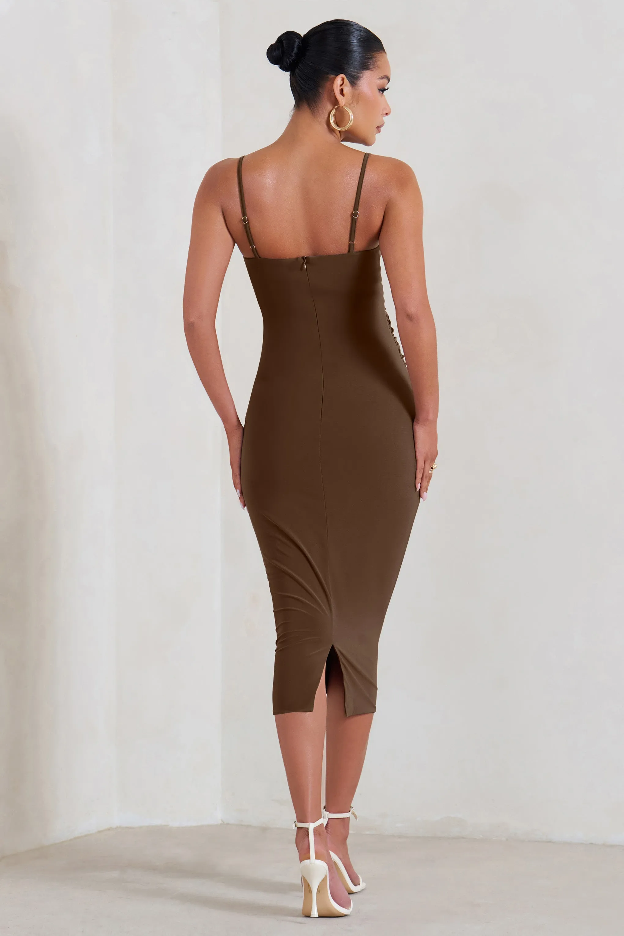 Raquel | Brown Maternity Cami Midi Dress With Split