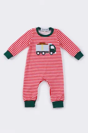 Red stripe truck applique boy romper