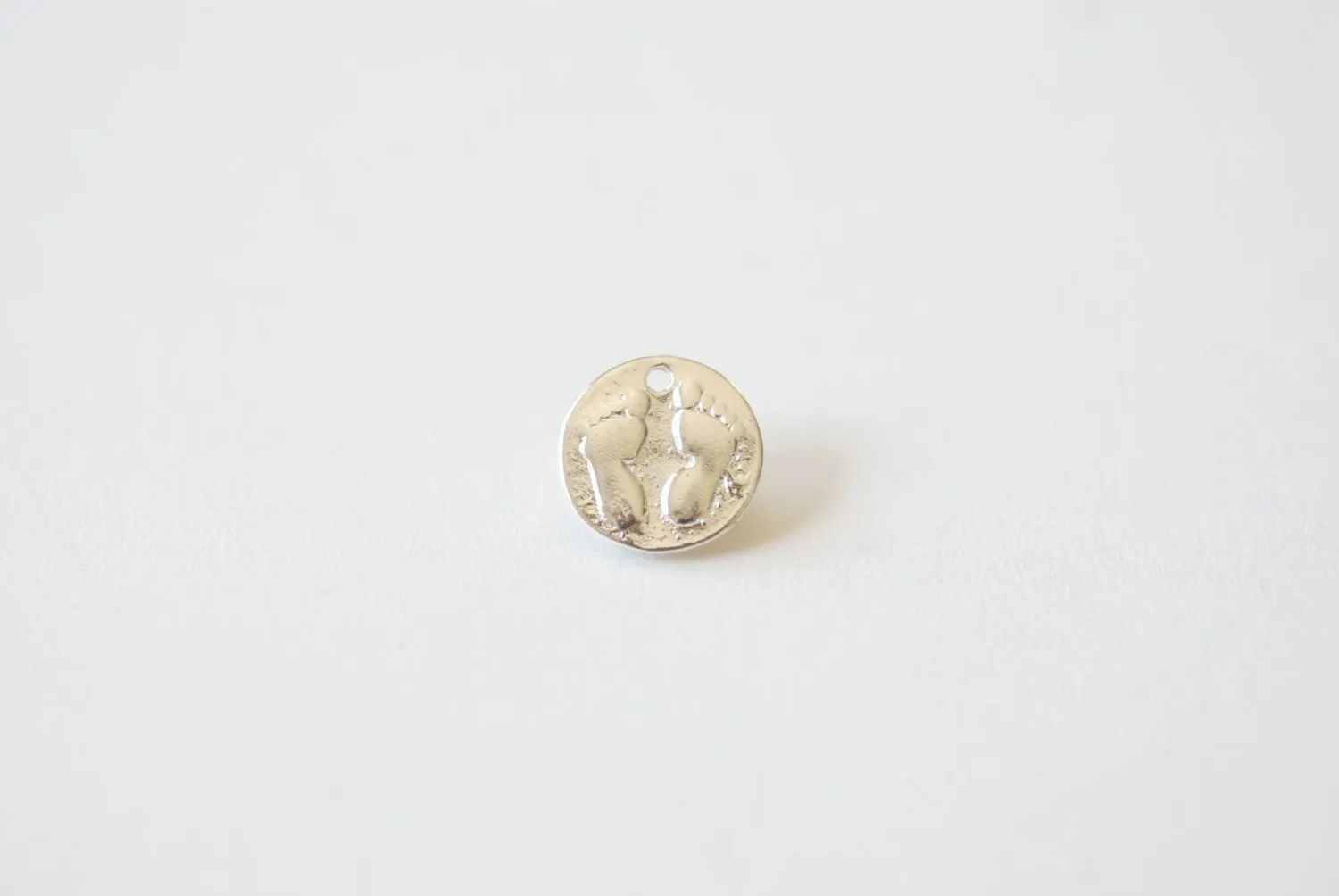 Sterling Silver Baby Foot Print Disc Charm - 925 silver feet onto round disk, Sterling Silver Baby Feet imprint Pendant