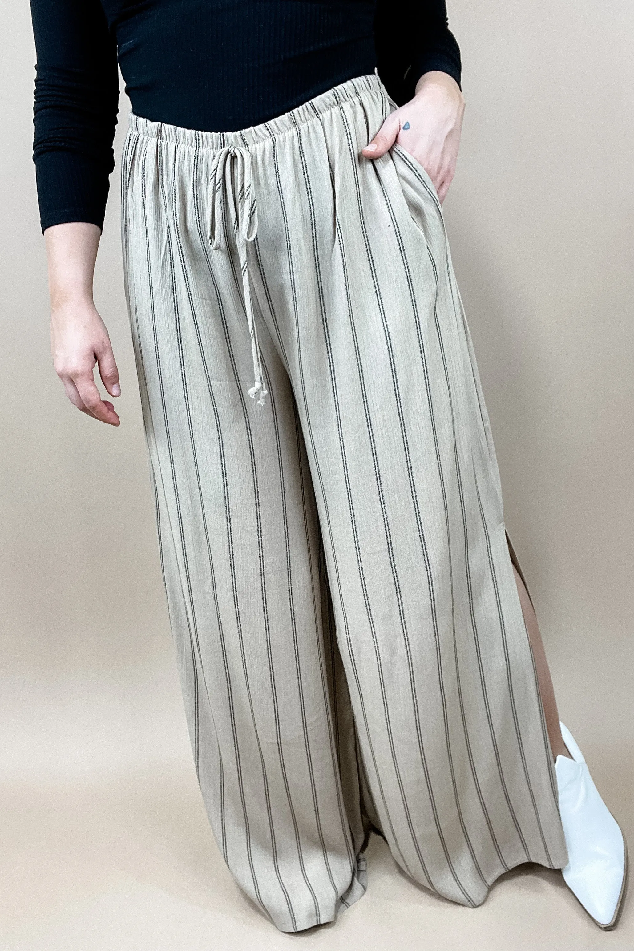 Take It All In- Khaki Striped Wide Leg Pants w/ Side Slits