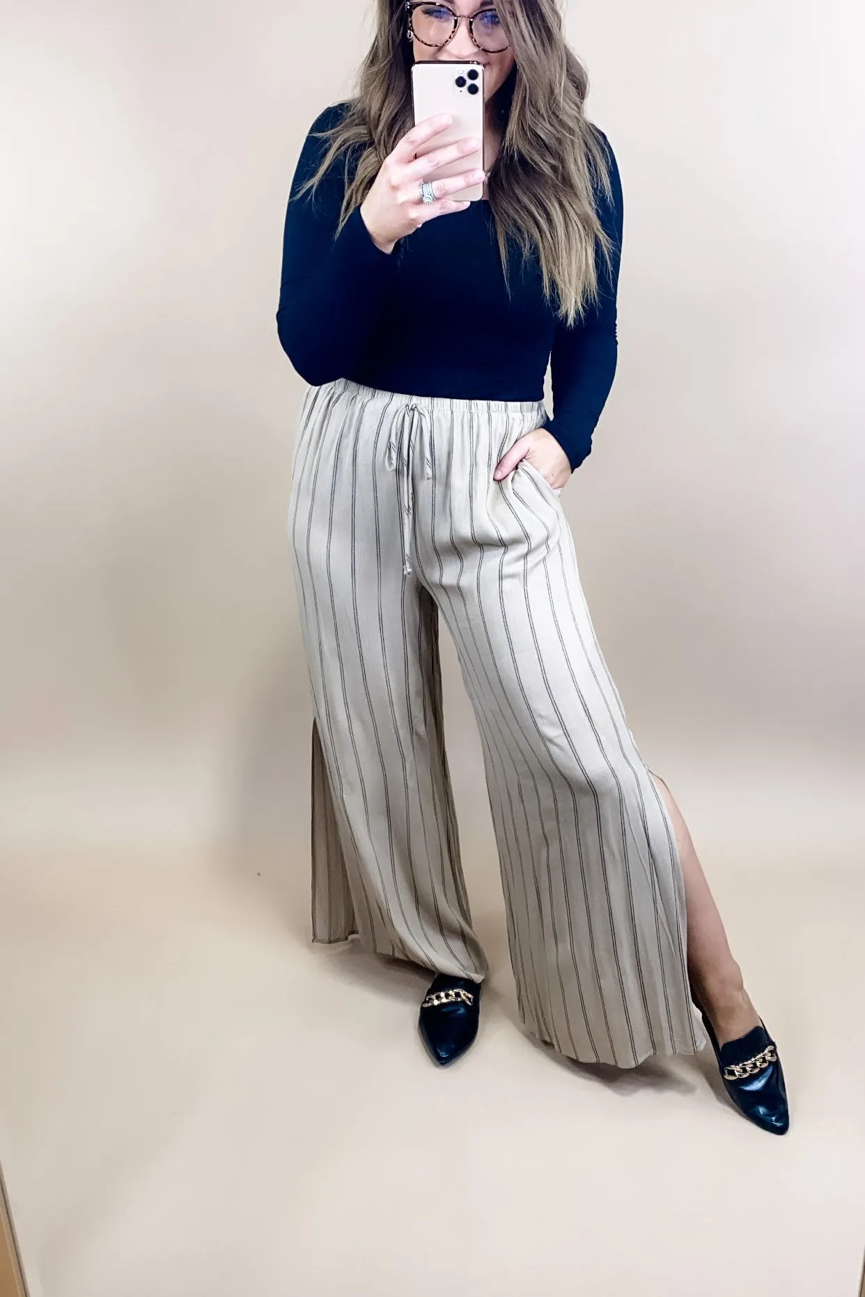 Take It All In- Khaki Striped Wide Leg Pants w/ Side Slits