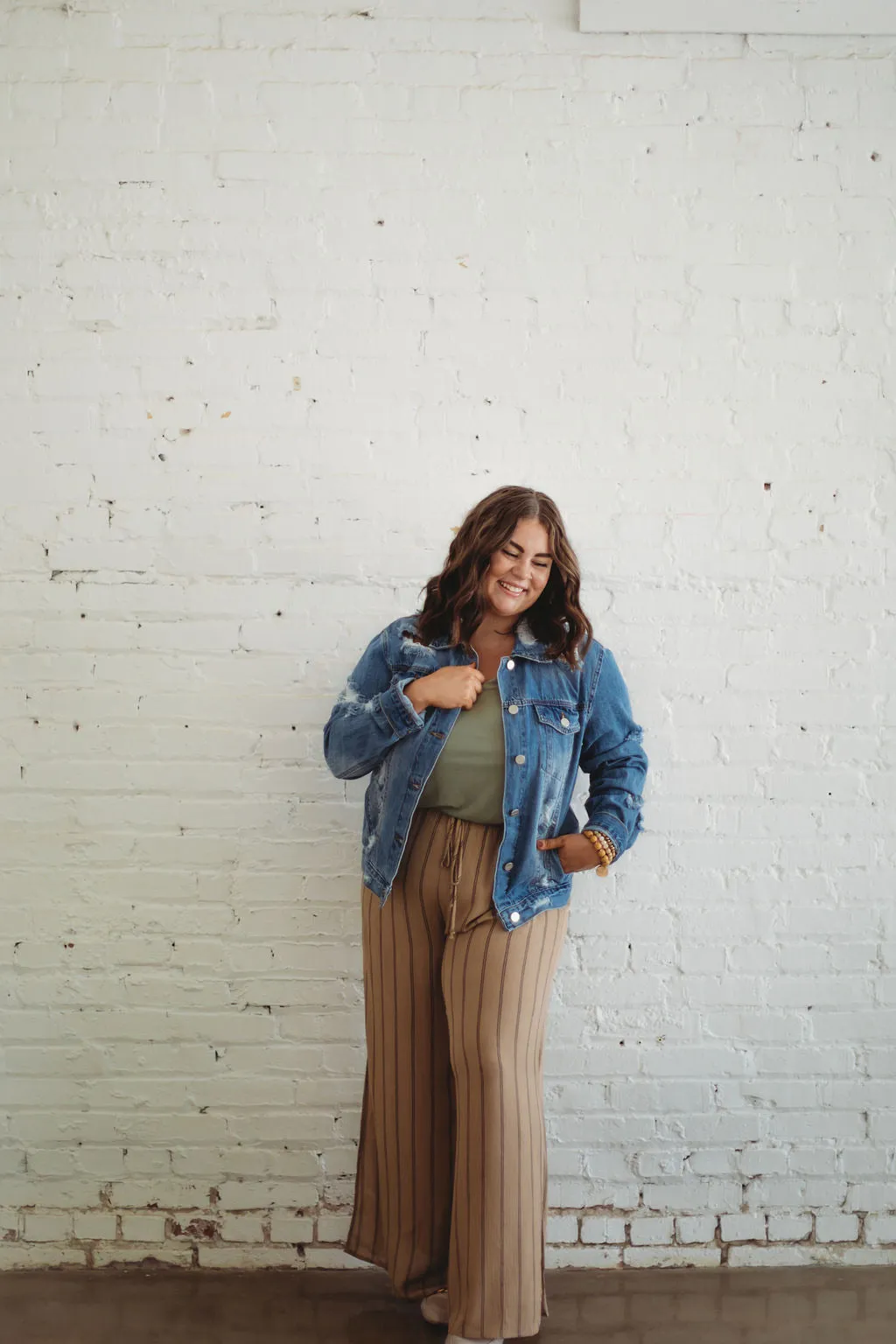 Take It All In- Khaki Striped Wide Leg Pants w/ Side Slits