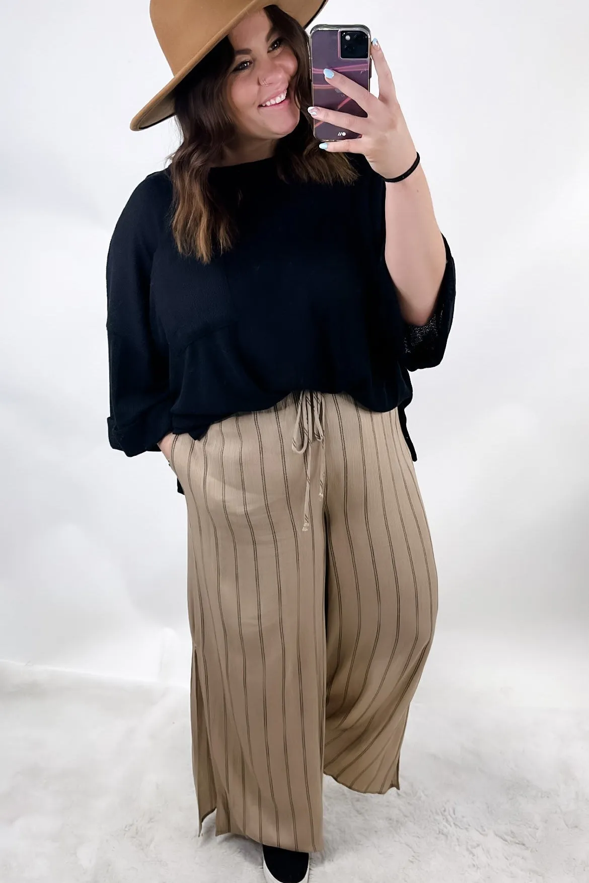 Take It All In- Khaki Striped Wide Leg Pants w/ Side Slits